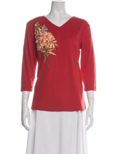 Pre-owned Bob Mackie Wearable Art Floral Print V-neck Top W/ Tags In Red