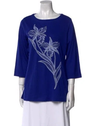 Pre-owned Bob Mackie Wearable Art Graphic Print Bateau Neckline Blouse In Blue