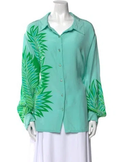 Pre-owned Bob Mackie Wearable Art Graphic Print Long Sleeve Button-up Top In Green