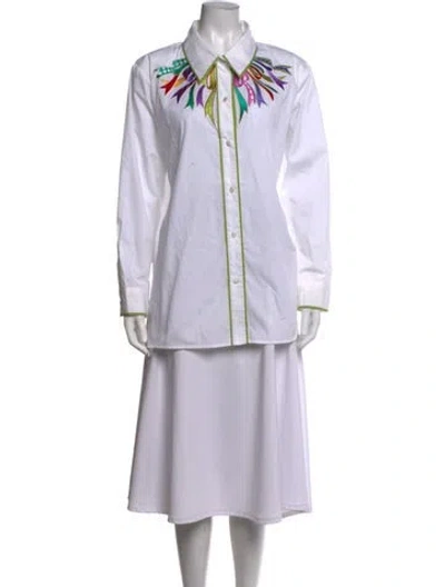 Pre-owned Bob Mackie Wearable Art Graphic Print Long Sleeve Button-up Top W/ Tags In White