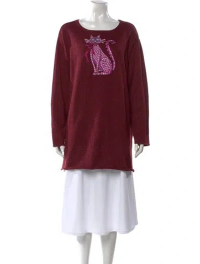 Pre-owned Bob Mackie Wearable Art Graphic Print Scoop Neck Sweater In Burgundy