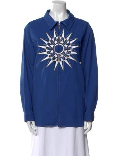 Pre-owned Bob Mackie Wearable Art Long Sleeve Button-up Top In Blue