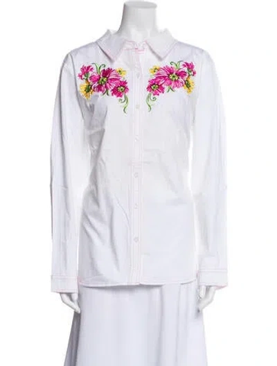 Pre-owned Bob Mackie Wearable Art Long Sleeve Button-up Top In White
