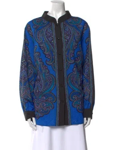 Pre-owned Bob Mackie Wearable Art Paisley Print Mock Neck Button-up Top In Blue