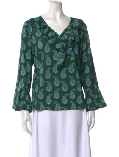 Pre-owned Bob Mackie Wearable Art Paisley Print V-neck Blouse In Green