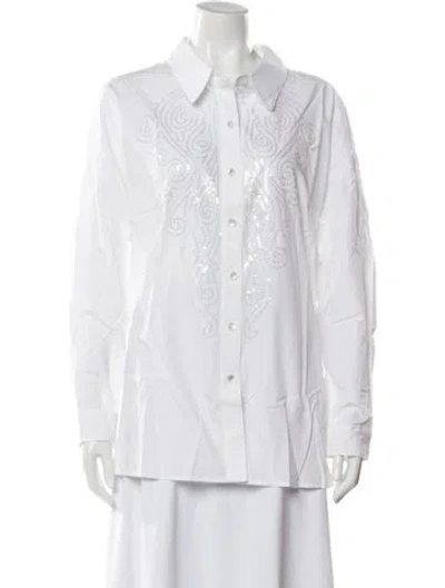 Pre-owned Bob Mackie Wearable Art Patterned Long Sleeve Button-up Top In White