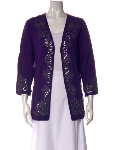 Pre-owned Bob Mackie Wearable Art Patterned Open Front Sweater W/ Tags In Purple