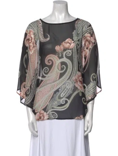 Pre-owned Bob Mackie Wearable Art Printed Bateau Neckline Blouse In Black