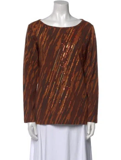 Pre-owned Bob Mackie Wearable Art Printed Bateau Neckline Blouse In Brown