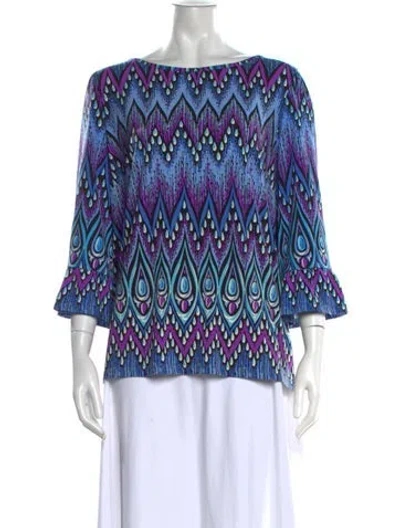 Pre-owned Bob Mackie Wearable Art Printed Bateau Neckline Top In Blue