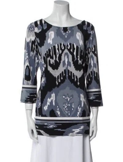 Pre-owned Bob Mackie Wearable Art Printed Bateau Neckline Tunic In Blue