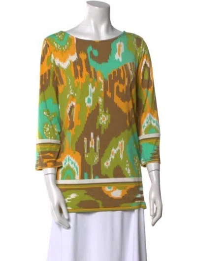 Pre-owned Bob Mackie Wearable Art Printed Bateau Neckline Tunic In Green