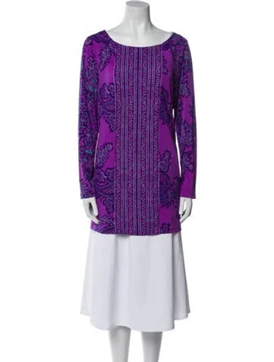 Pre-owned Bob Mackie Wearable Art Printed Bateau Neckline Tunic In Purple