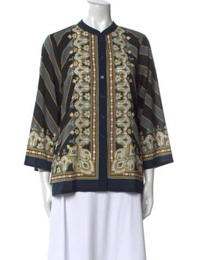 Pre-owned Bob Mackie Wearable Art Printed Crew Neck Button-up Top In Black