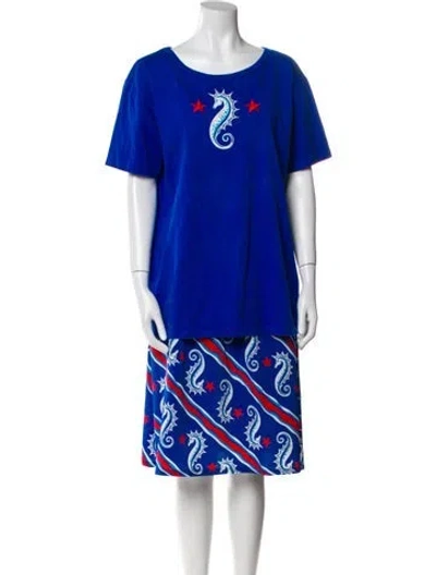 Pre-owned Bob Mackie Wearable Art Printed Embroidered Accent Short Set In Blue