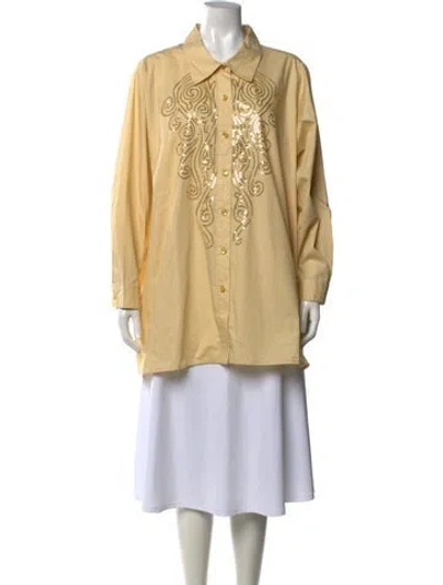 Pre-owned Bob Mackie Wearable Art Printed Long Sleeve Button-up Top In Neutrals