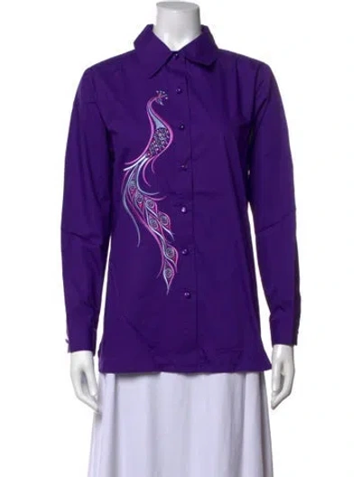 Pre-owned Bob Mackie Wearable Art Printed Long Sleeve Button-up Top In Purple