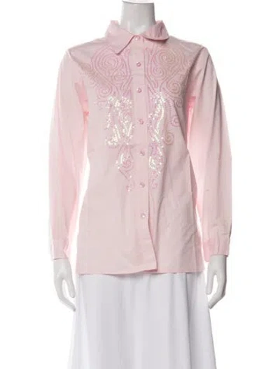 Pre-owned Bob Mackie Wearable Art Printed Long Sleeve Button-up Top W/ Tags In Pink