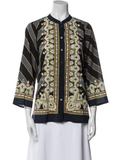 Pre-owned Bob Mackie Wearable Art Printed Mock Neck Button-up Top In Blue
