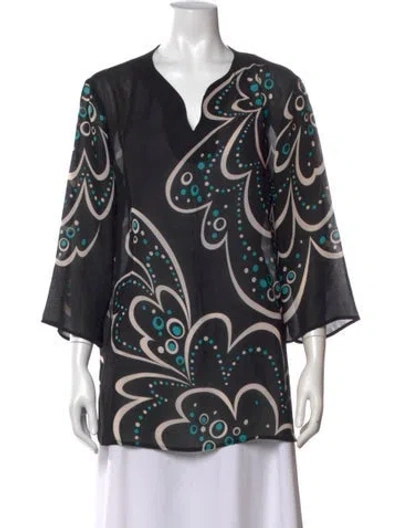 Pre-owned Bob Mackie Wearable Art Printed V-neck Top In Black