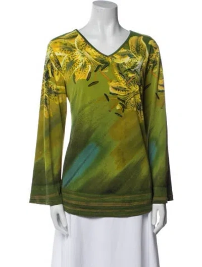 Pre-owned Bob Mackie Wearable Art Printed V-neck Top In Green