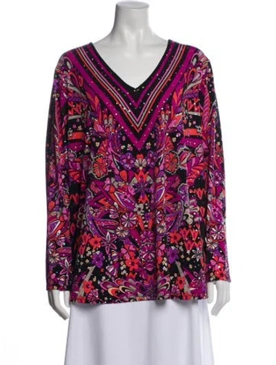 Pre-owned Bob Mackie Wearable Art Printed V-neck Top In Purple