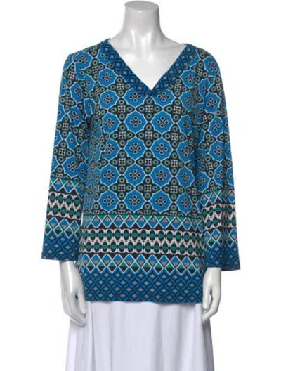 Pre-owned Bob Mackie Wearable Art Printed V-neck Tunic In Blue