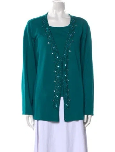 Pre-owned Bob Mackie Wearable Art Scoop Neck Long Sleeve Blouse In Blue