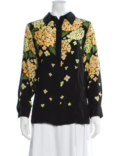 Pre-owned Bob Mackie Wearable Art Silk Floral Print Blouse In Black