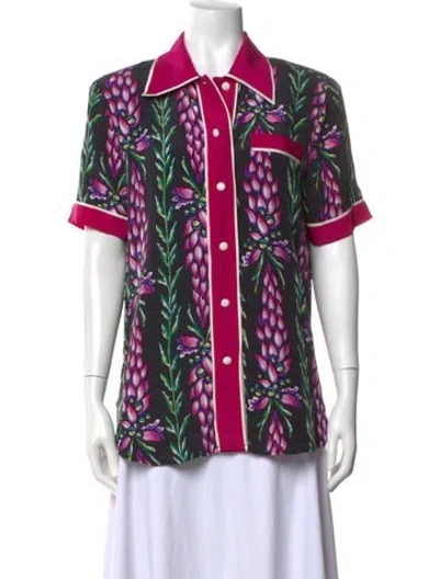 Pre-owned Bob Mackie Wearable Art Silk Floral Print Blouse In Black