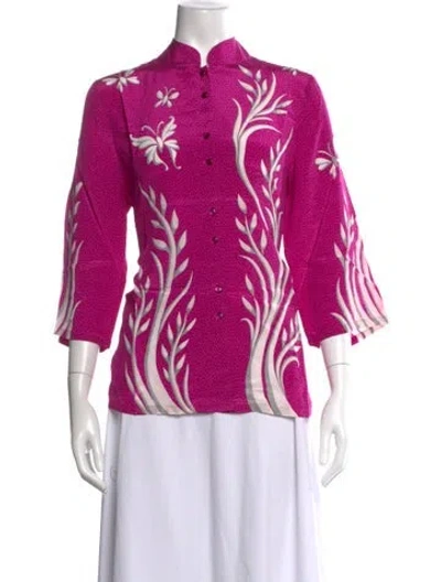 Pre-owned Bob Mackie Wearable Art Silk Floral Print Blouse In Pink