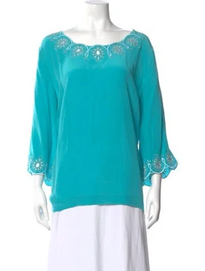 Pre-owned Bob Mackie Wearable Art Silk Floral Print Top In Blue
