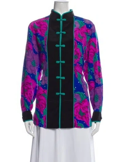 Pre-owned Bob Mackie Wearable Art Silk Floral Print Top W/ Tags In Purple