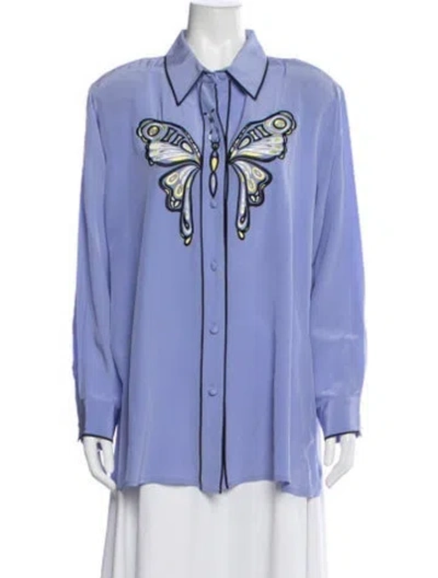 Pre-owned Bob Mackie Wearable Art Silk Graphic Print Button-up Top In Blue