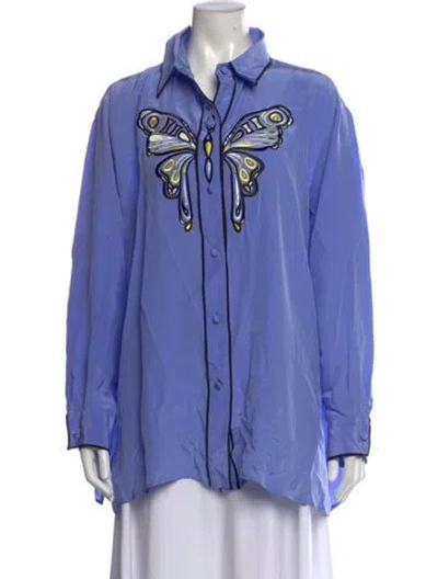 Pre-owned Bob Mackie Wearable Art Silk Graphic Print Button-up Top In Blue