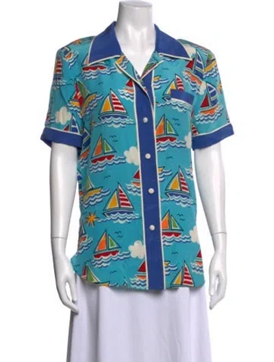 Pre-owned Bob Mackie Wearable Art Silk Graphic Print Top In Blue