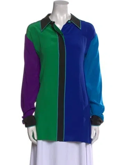 Pre-owned Bob Mackie Wearable Art Silk Long Sleeve Blouse In Blue