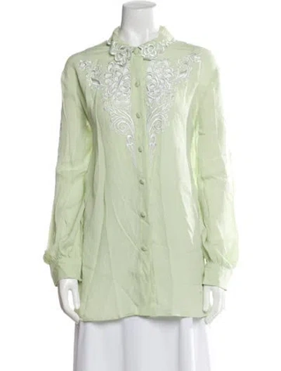 Pre-owned Bob Mackie Wearable Art Silk Long Sleeve Button-up Top In Green