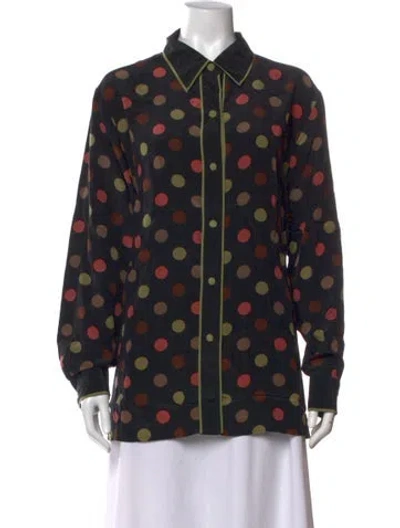 Pre-owned Bob Mackie Wearable Art Silk Polka Dot Print Blouse In Black