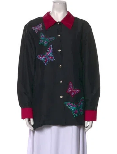Pre-owned Bob Mackie Wearable Art Silk Printed Button-up Top In Black