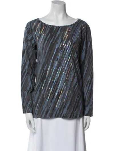 Pre-owned Bob Mackie Wearable Art Striped Bateau Neckline Blouse In Blue