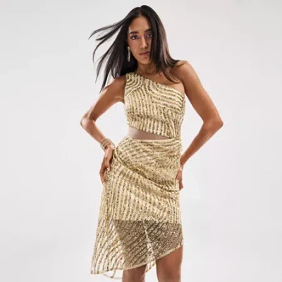 Bob Mackie Womens Sequin Sleeveless Off The Shoulder Midi Sheath Dress In Sand