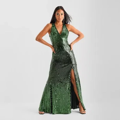 Bob Mackie Womens Sleeveless Sequin Evening Gown In Green