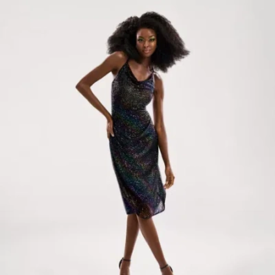 Bob Mackie Womens Sleeveless Sequin Midi A-line Dress In Black