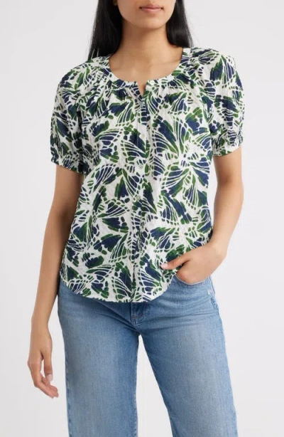 Bobeau Abstract Print Puff Sleeve Button-up Top In Blue