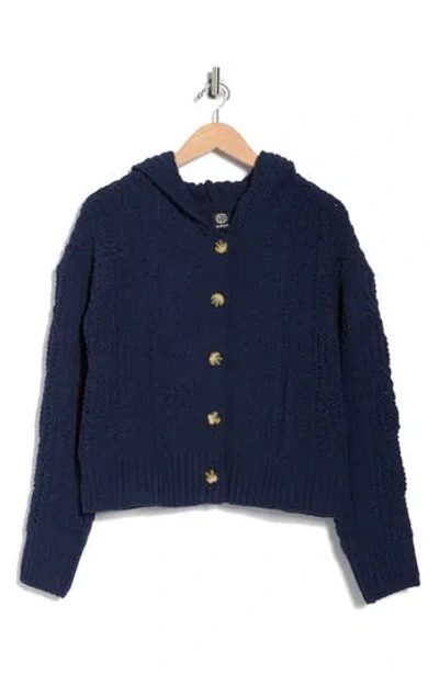 Bobeau Cable Knit Hooded Cardigan In Blue
