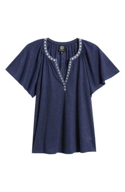 Bobeau Caty Embroidered Split Neck Top