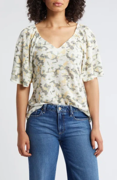 Bobeau Caty Flutter Sleeve Top In Sage/ Yellow