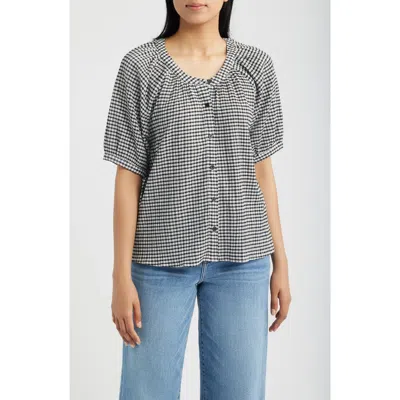 Bobeau Check Front Button Top In Gray