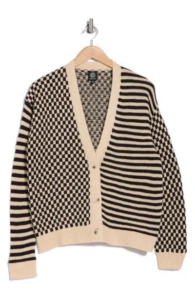 Bobeau Checks & Stripes Cardigan In Black/tan